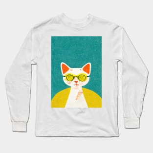 Cat Scientist Retro Poster Vintage Art Cat Wall Turquoise Yellow Illustration Long Sleeve T-Shirt